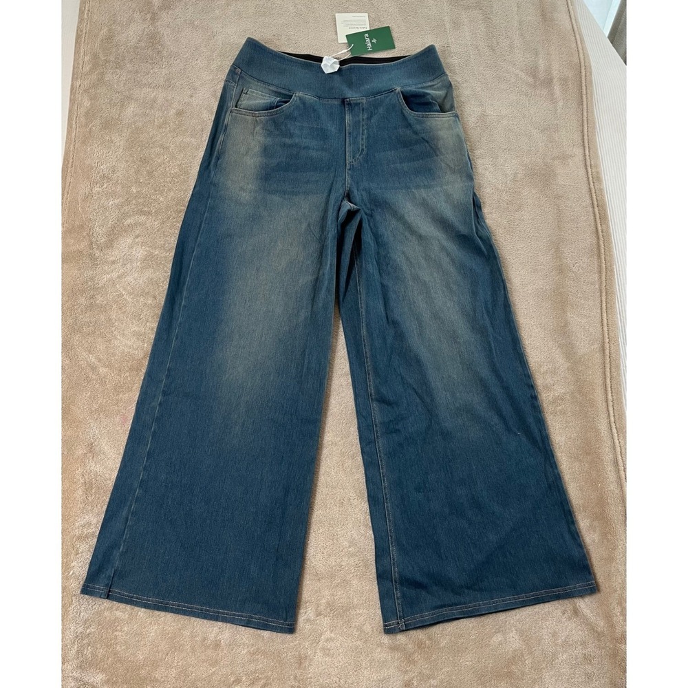 Halara Flex Denim Wide Leg Pants Women's L Petite Blue Stretchy Medium Wash NEW